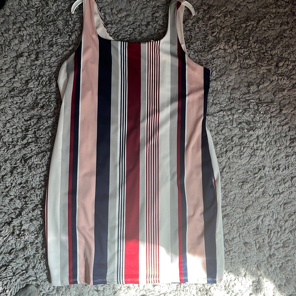 Pink navy blue and white striped sleeveless dress